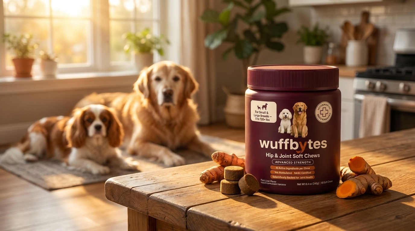 Wuffbytes Hip & Joint Soft Chews on a kitchen table with two dogs in the background