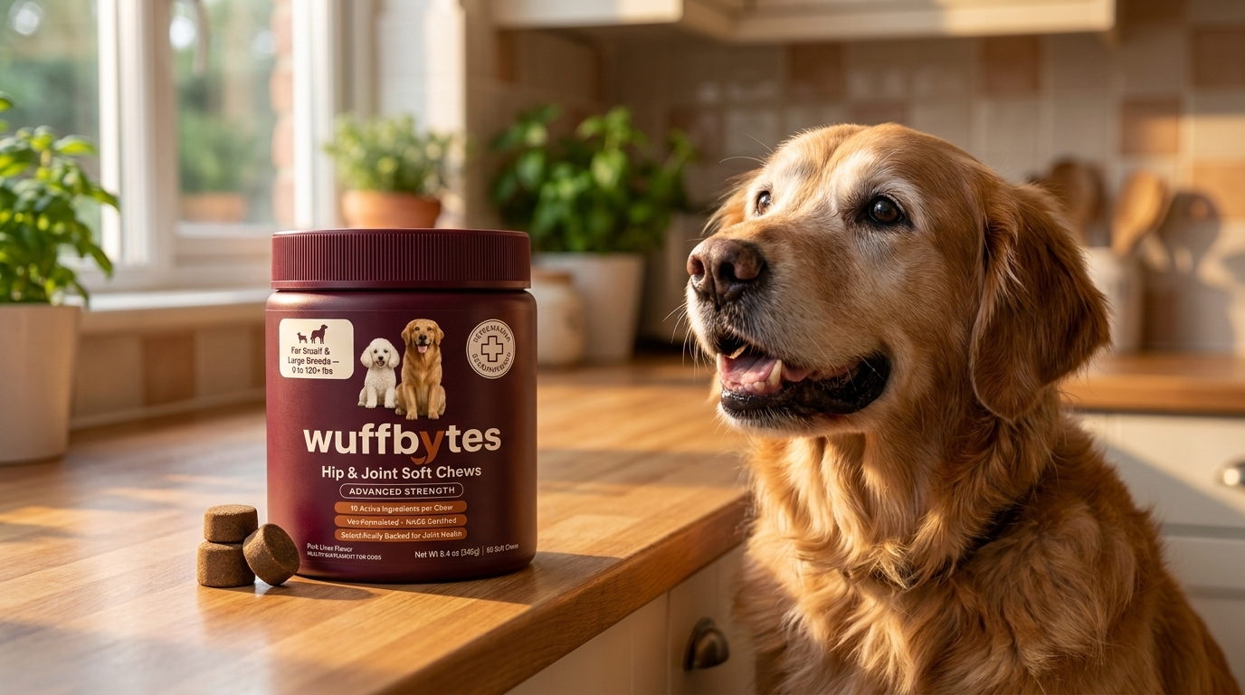Wuffbytes Hip & Joint Soft Chews jar on a sunny kitchen counter next to a happy Golden Retriever