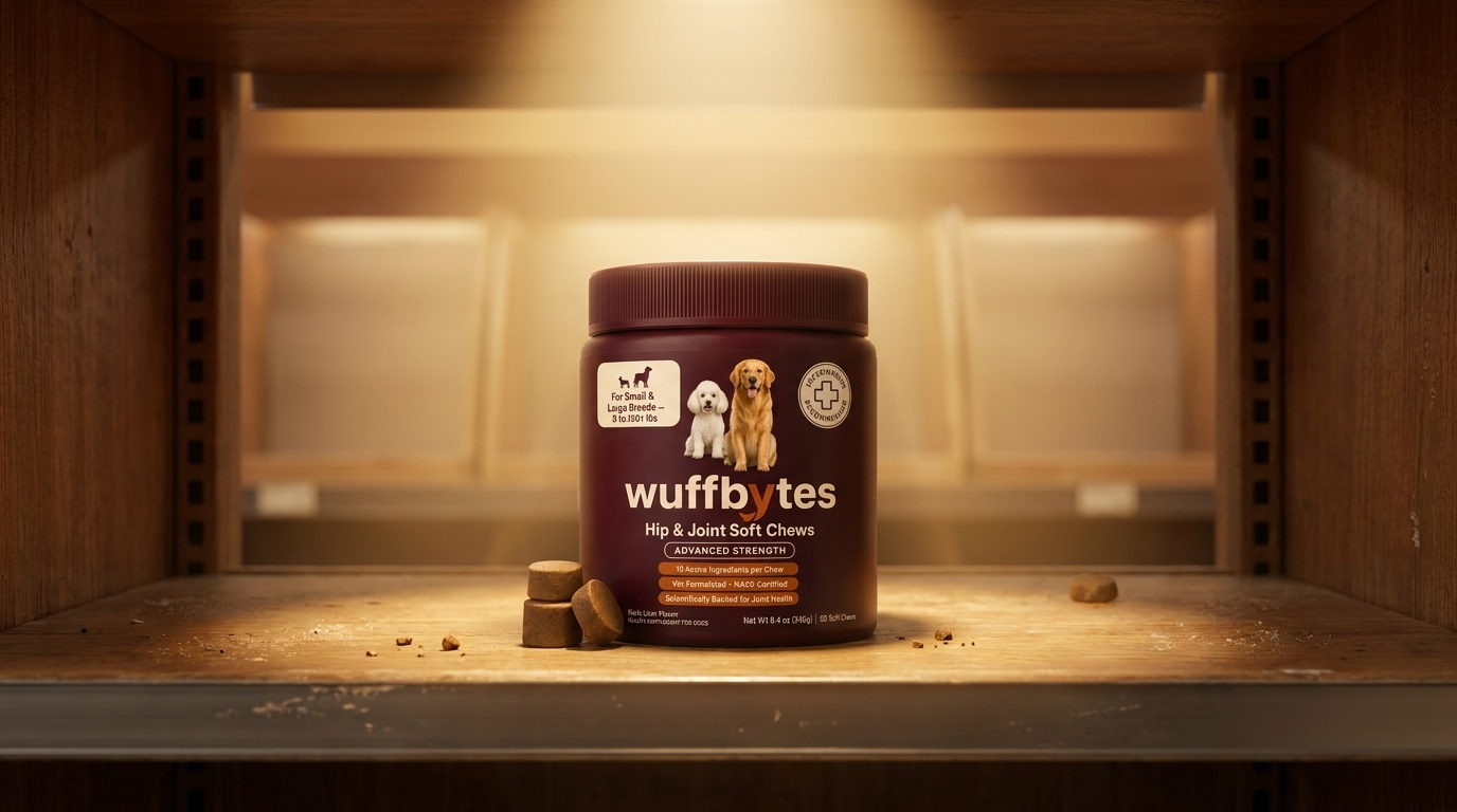 Wuffbytes Hip & Joint Soft Chews jar on a wooden pantry shelf under warm light