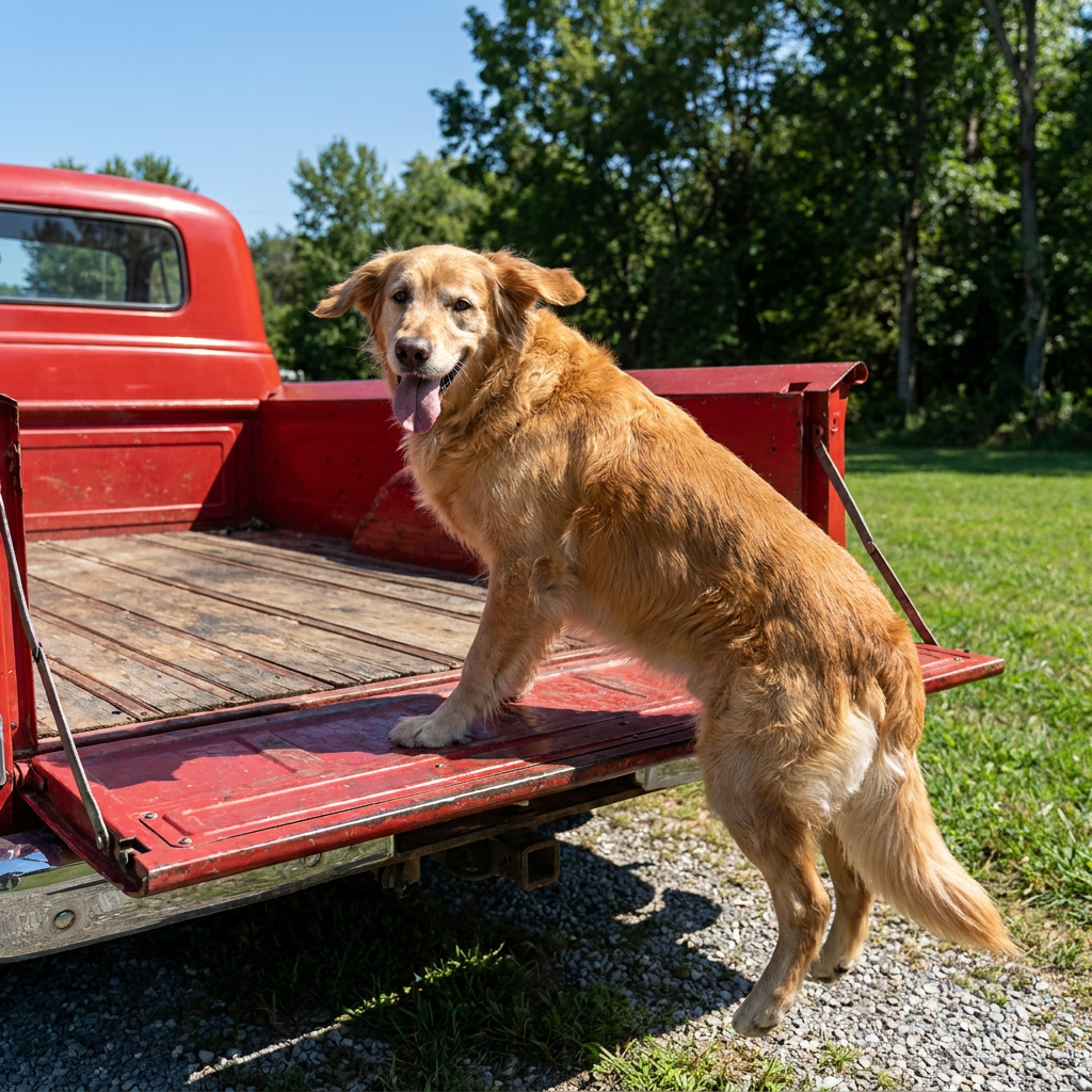 Golden Retriever confidently jumping into the bed of a vintage red farm truck