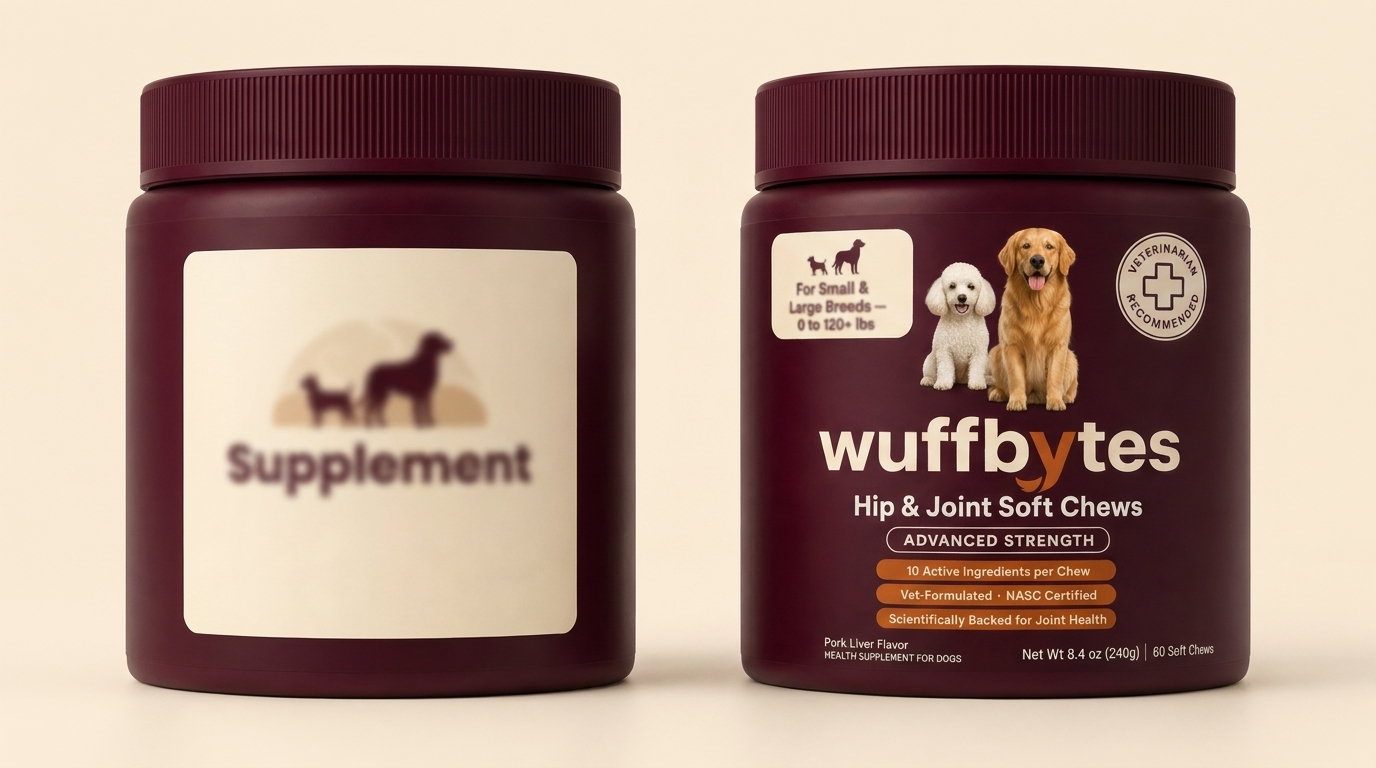 Side-by-side comparison: a generic vague supplement jar versus the fully labeled Wuffbytes Hip & Joint Soft Chews jar