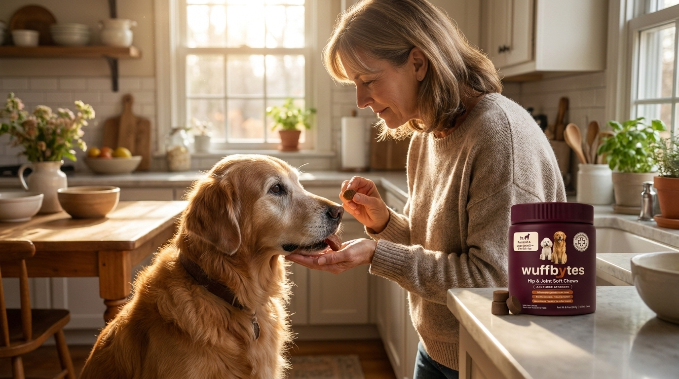 Rebecca Carr giving a Wuffbytes soft chew to a senior Golden Retriever in a sunny kitchen