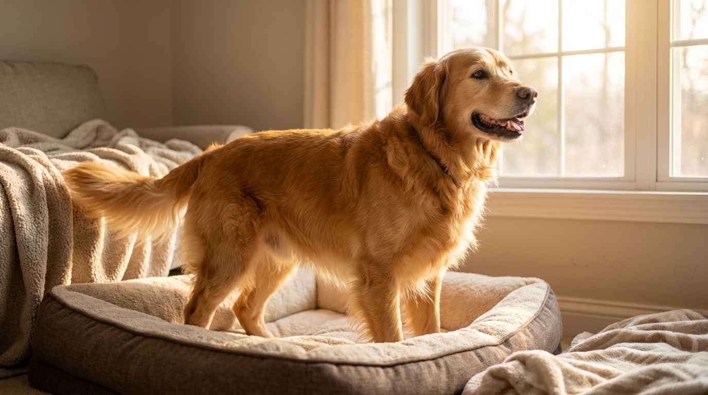 Senior Golden Retriever standing alert on a dog bed in morning sunlight
