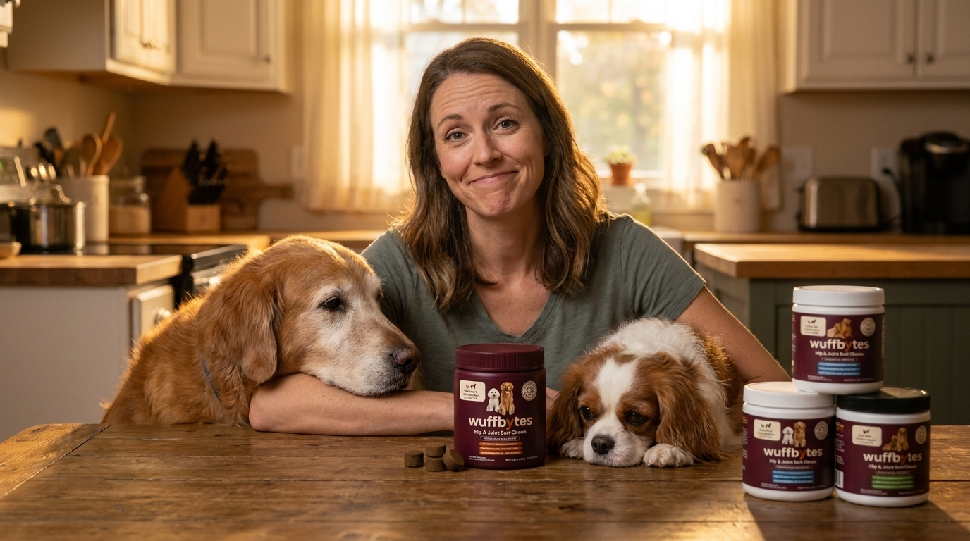 Rebecca at her kitchen table with her Golden Retriever and Cavalier, the Wuffbytes jar in front, other jars pushed aside