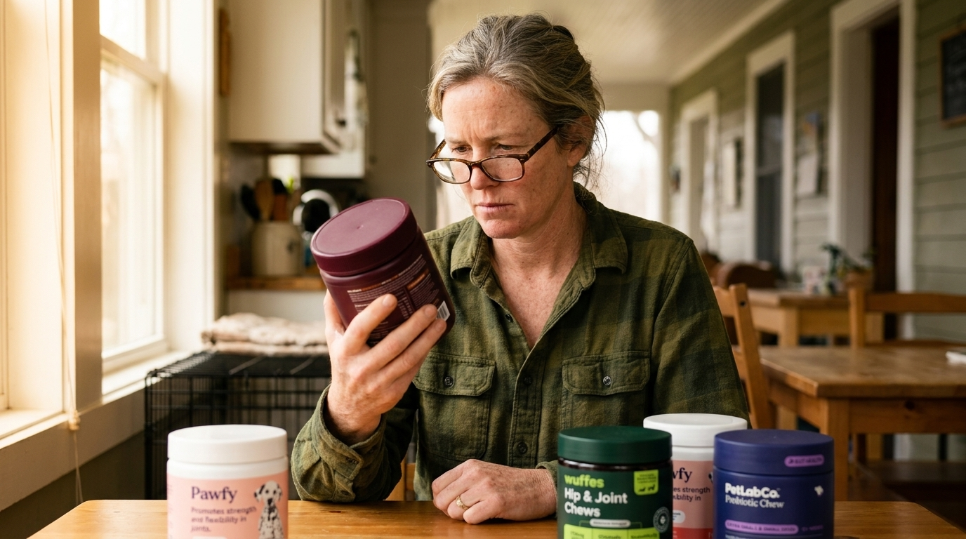 Rebecca reading a supplement jar with a magnifying glass