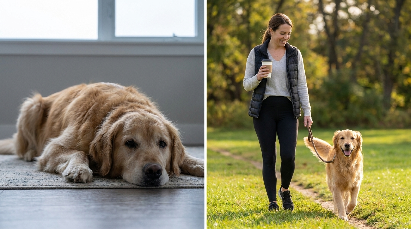 Left: senior Golden Retriever resting on the floor. Right: Rebecca walking her Golden outside on an easier morning.